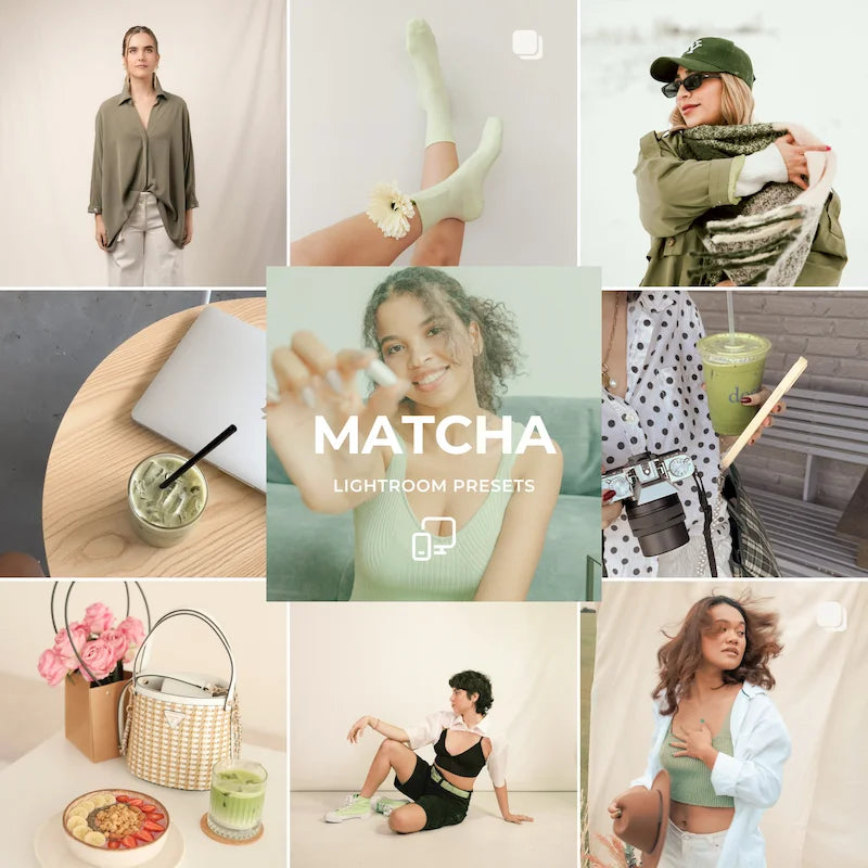 Matcha Lightroom presets cover image showing creamy green tones and calm wellness lifestyle aesthetic