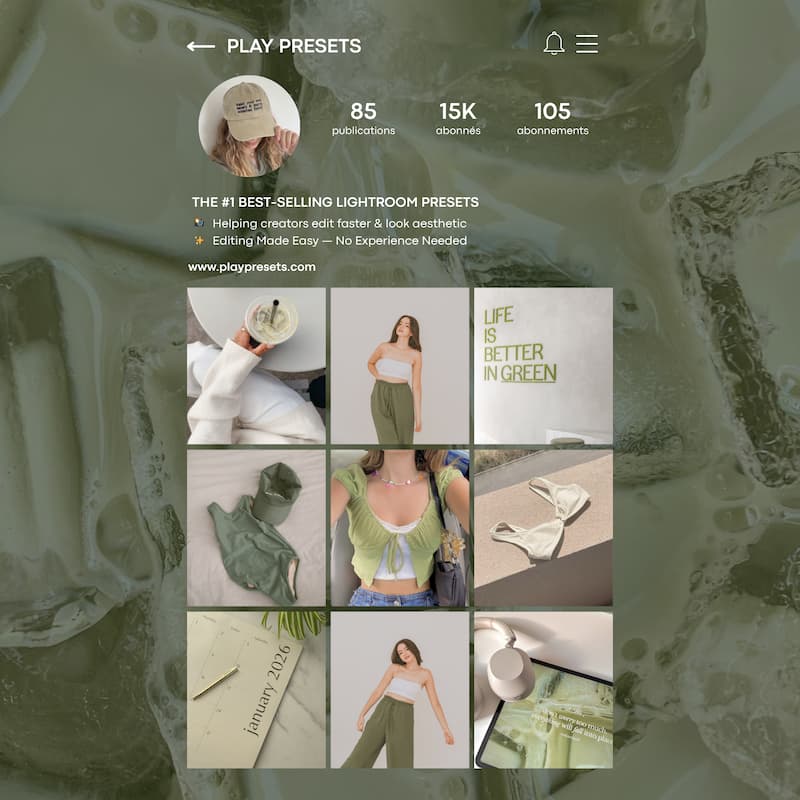 Instagram feed preview edited with Matcha Lightroom presets showing cohesive earthy tones and modern lifestyle content
