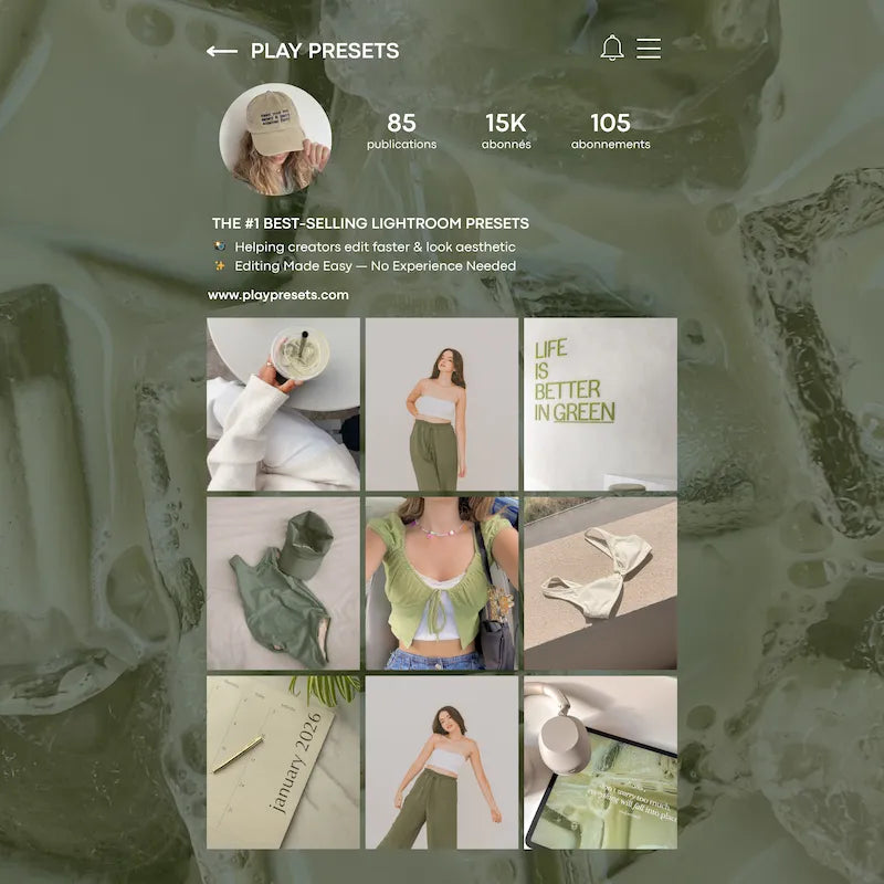 Instagram feed preview edited with Matcha Lightroom presets showing cohesive earthy tones and modern lifestyle content