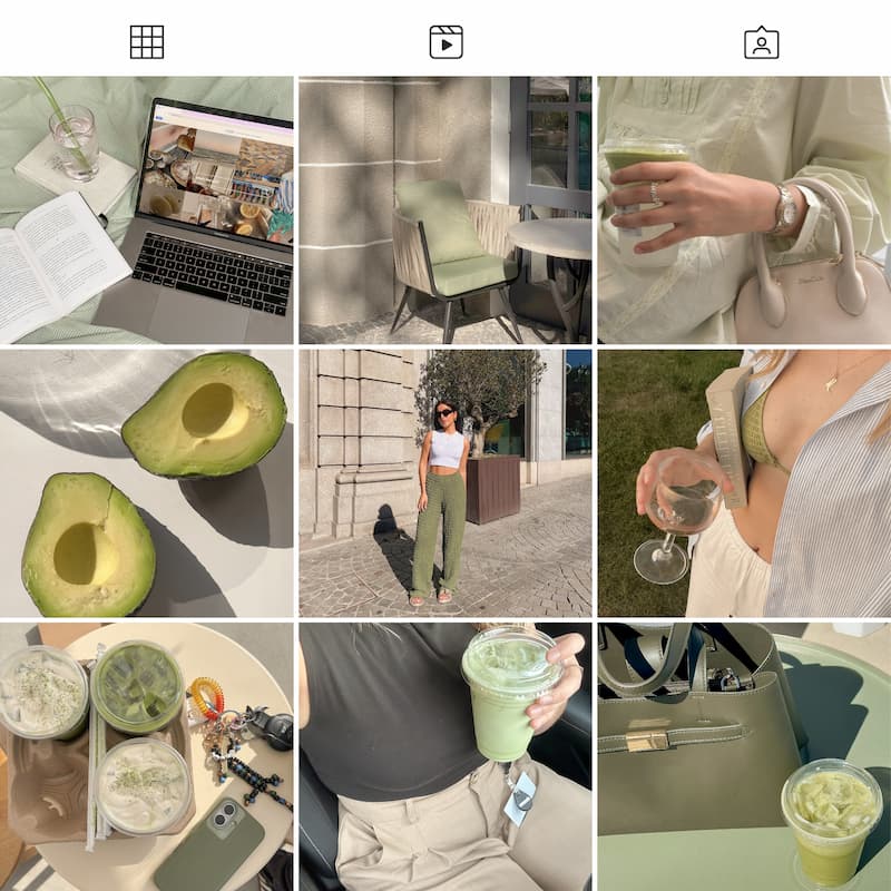 Photo grid preview edited with Matcha Lightroom presets showing consistent creamy green tones across lifestyle photos