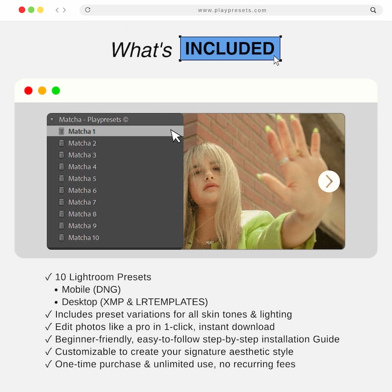 What’s included in Matcha Lightroom presets collection showing preset files and variations for mobile and desktop