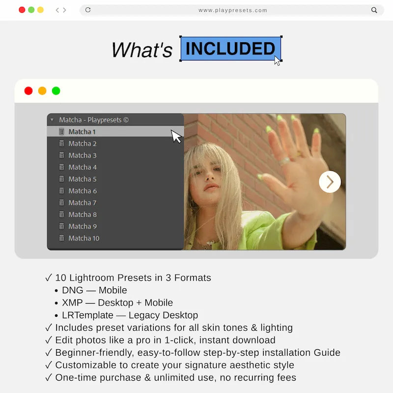 What’s included in Matcha Lightroom presets collection showing preset files and variations for mobile and desktop