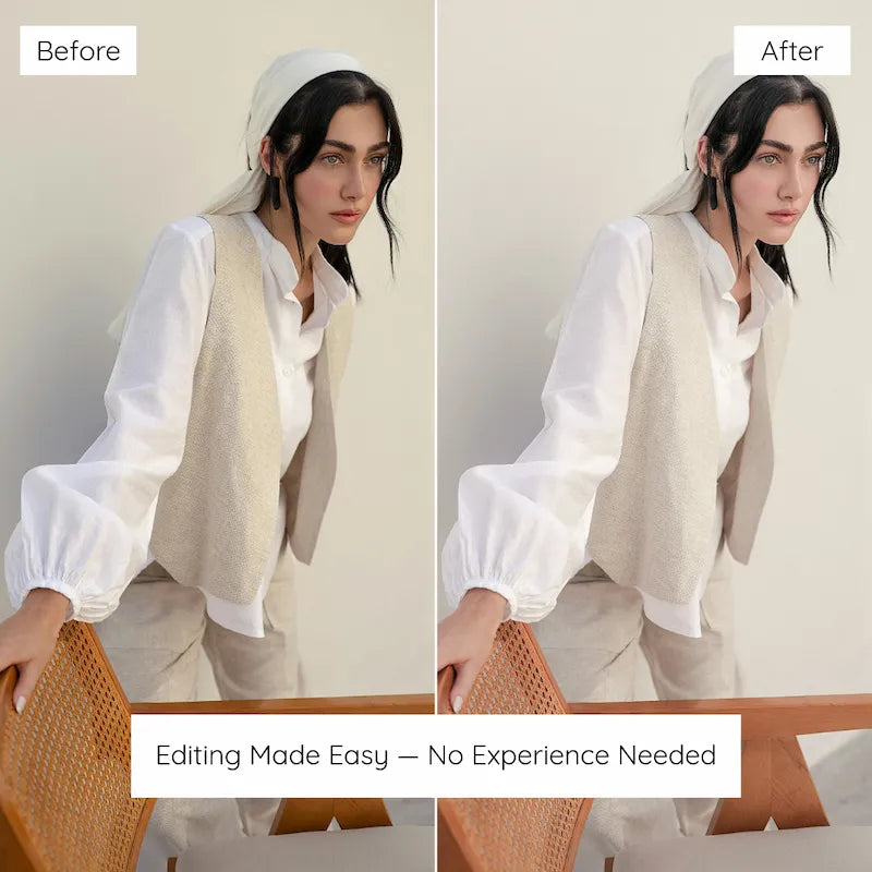 Before and after fashion portrait edited with Matte Lightroom presets showing lifted blacks, muted highlights, and soft faded tones