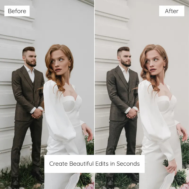 Before and after wedding portrait edited with Matte Lightroom presets showing muted highlights, natural skin tones, and subtle film-inspired color