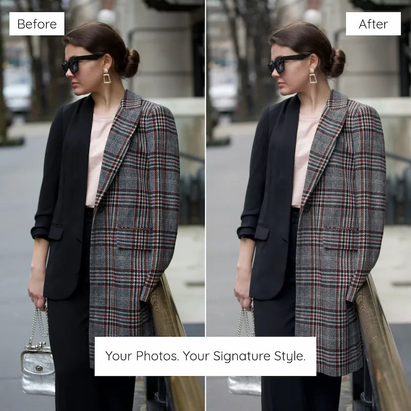 Before and after street fashion photo edited with Matte Lightroom presets featuring lifted blacks, subdued color, and soft editorial contrast