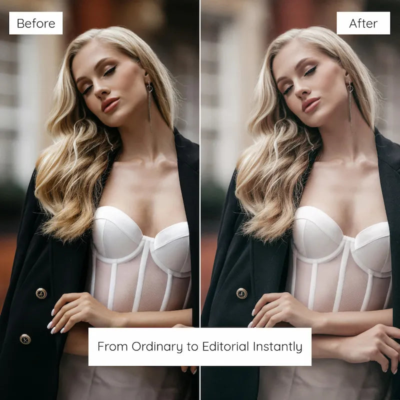 Before and after fashion portrait edited with Matte Lightroom presets showing soft faded tones, muted highlights, and refined skin tones