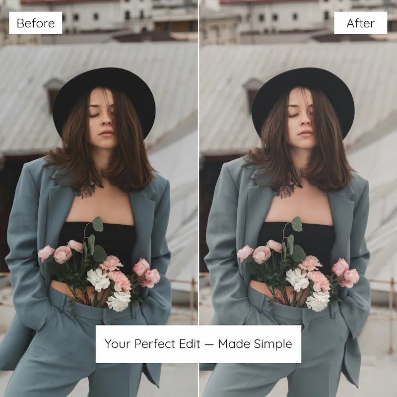 Before and after floral portrait edited with Matte Lightroom presets featuring restrained color, lifted shadows, and a timeless matte finish