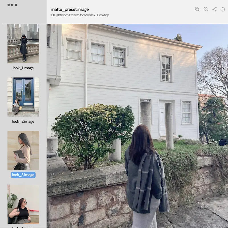 Matte Lightroom preset variations preview showing an outdoor lifestyle photo with muted color, lifted shadows, and soft film-inspired tones