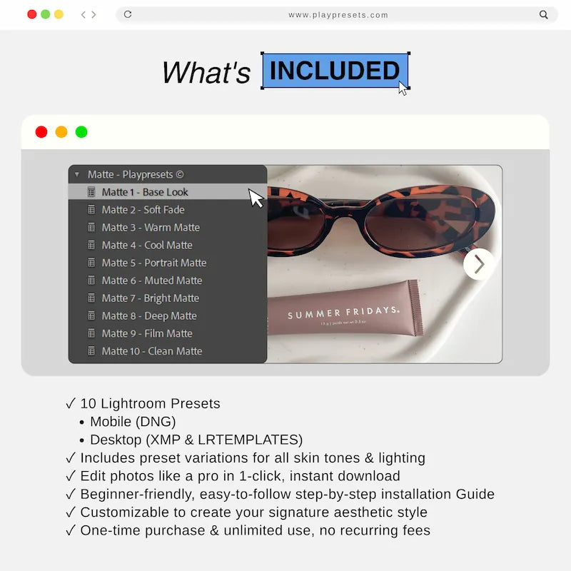 What’s included in Matte Lightroom presets collection showing 10 presets and files for mobile and desktop