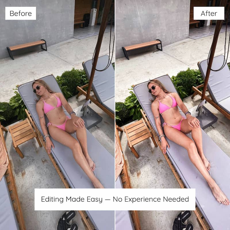Before and after beach photo edited with Miami Lightroom presets showing soft pastel tones and bright summer colors