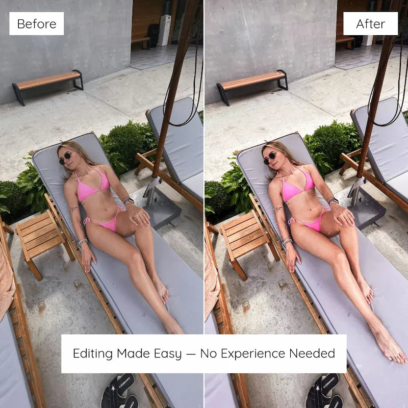 Before and after beach photo edited with Miami Lightroom presets showing soft pastel tones and bright summer colors