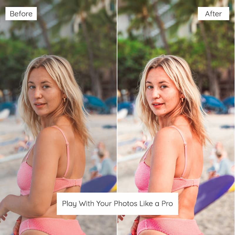 Before and after portrait edited with Miami Lightroom presets showing warm skin tones and tropical beach lighting