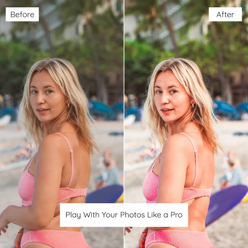 Before and after portrait edited with Miami Lightroom presets showing warm skin tones and tropical beach lighting