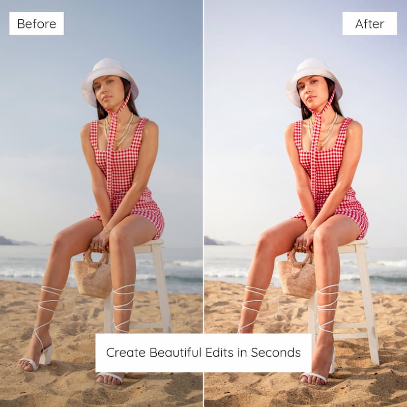 Before and after fashion photo edited with Miami Lightroom presets showing clean whites and vibrant summer tones