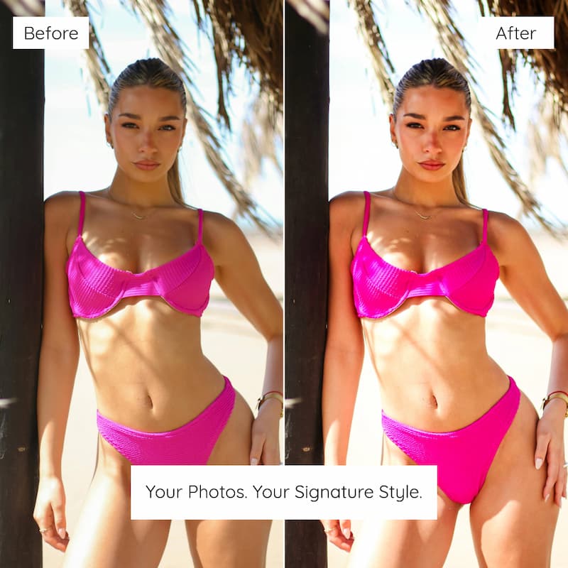 Before and after bikini photo edited with Miami Lightroom presets showing bold pink tones and sunlit contrast