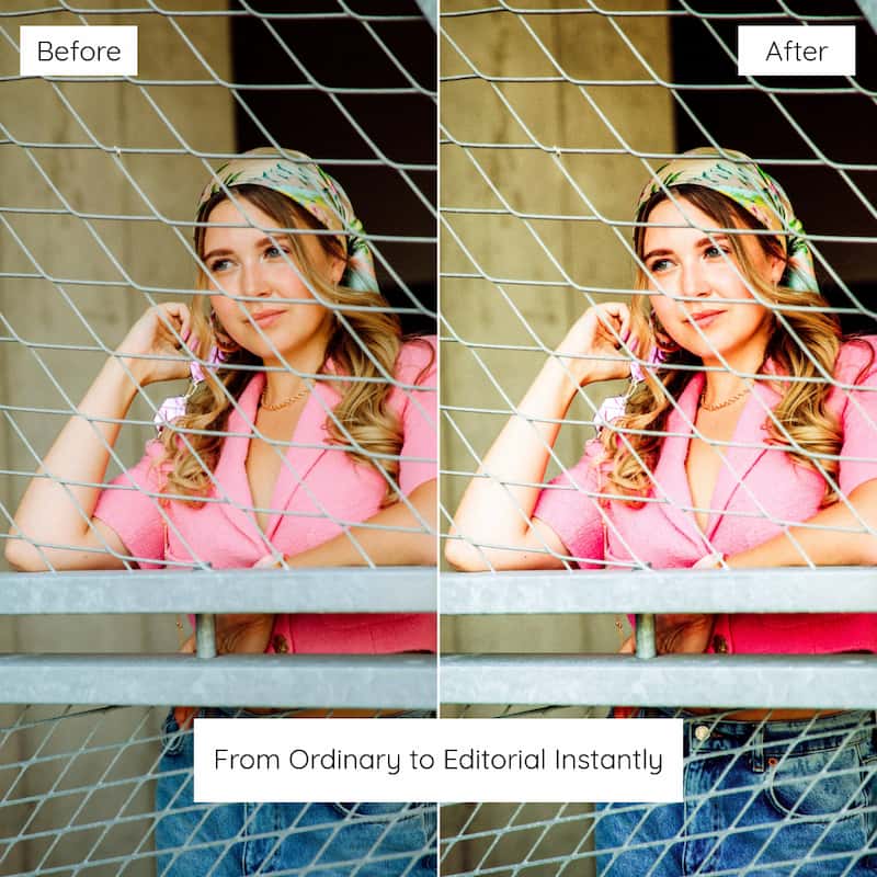 Before and after outdoor portrait edited with Miami Lightroom presets showing soft highlights and pastel color grading
