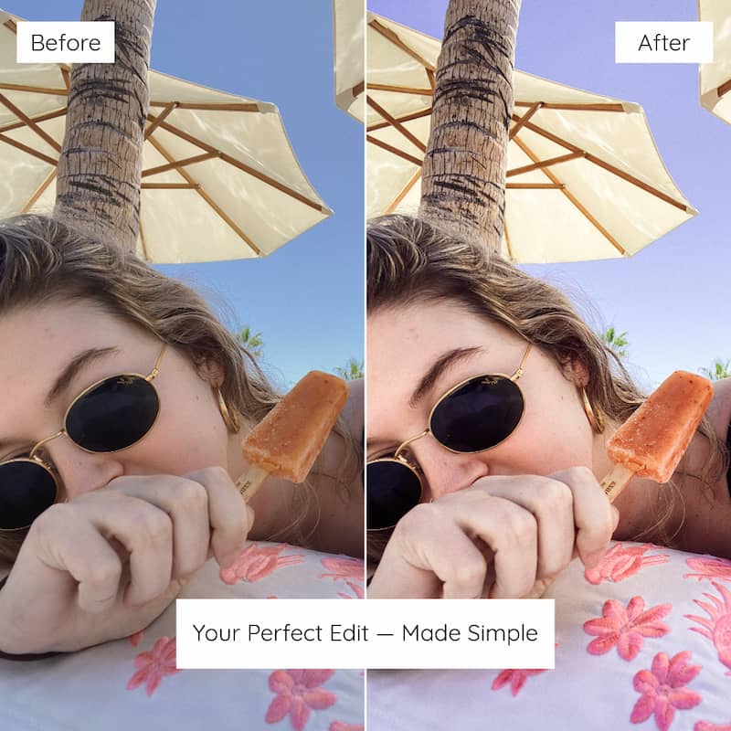 Before and after lifestyle photo edited with Miami Lightroom presets showing warm beach tones and bright tropical colors
