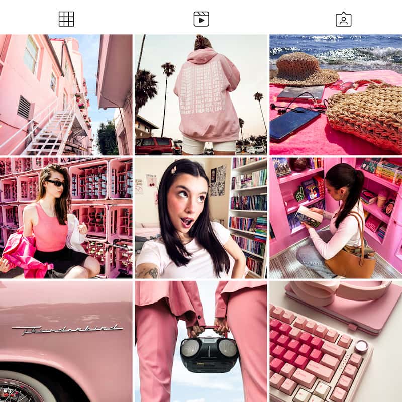 Photo grid preview edited with Miami Lightroom presets showing consistent pastel tones across lifestyle and travel photos