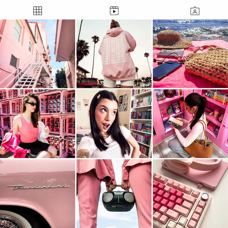 Photo grid preview edited with Miami Lightroom presets showing consistent pastel tones across lifestyle and travel photos