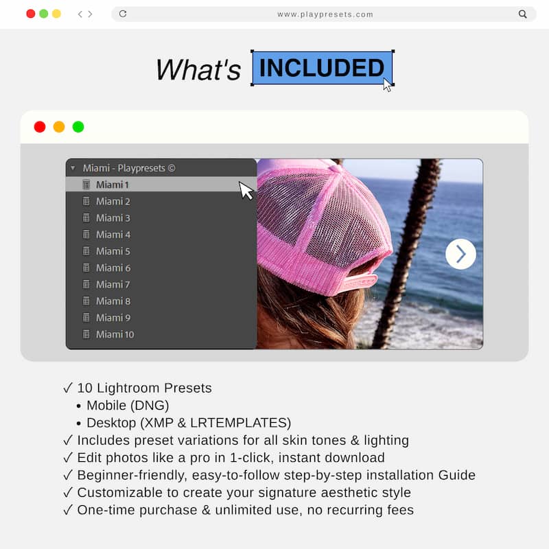 What’s included in Miami Lightroom presets collection showing preset files and variations for mobile and desktop