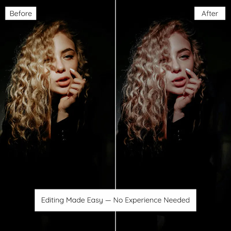 Before and after low-light portrait edited with dark moody Lightroom presets showing deep shadows and soft cinematic highlights
