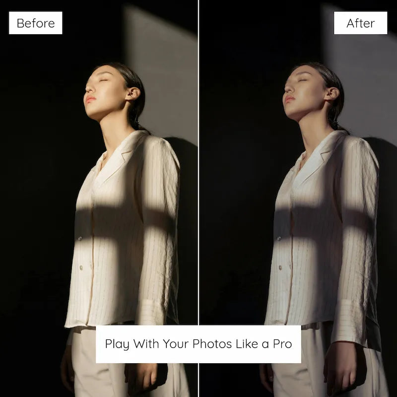 Before and after indoor portrait edited with dark moody Lightroom presets featuring muted tones and dramatic low-light contrast