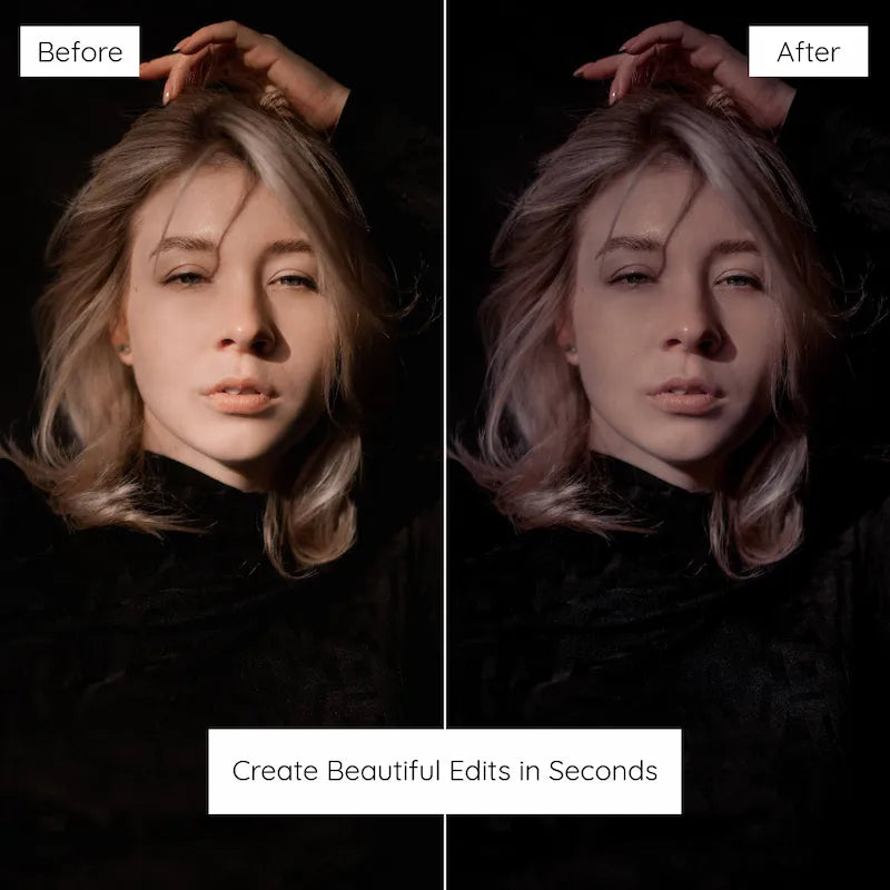 Before and after close-up portrait edited with dark moody Lightroom presets creating deep shadows and an atmospheric editorial look