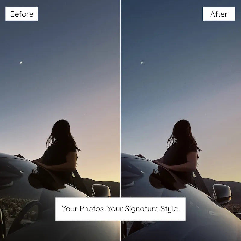 Before and after dusk photo edited with dark moody Lightroom presets featuring soft highlights and a cinematic twilight mood
