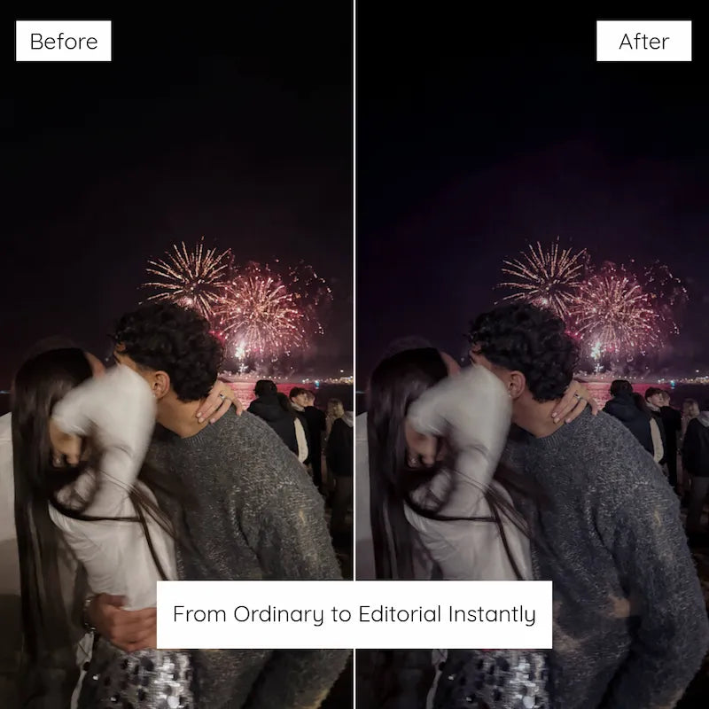 Before and after nighttime couple photo edited with dark moody Lightroom presets showing rich shadows and atmospheric night tones