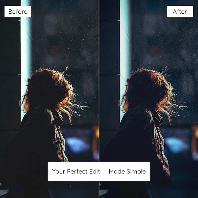 Before and after night portrait edited with dark moody Lightroom presets creating dramatic shadows and subtle cinematic light