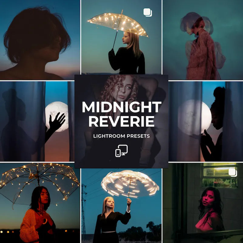 Midnight Reverie dark moody Lightroom presets cover showing cinematic low-light portraits and atmospheric night photography