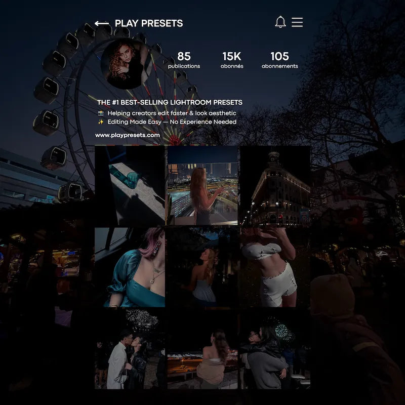 Instagram feed preview edited with dark moody Lightroom presets showing a cohesive cinematic night and low-light aesthetic