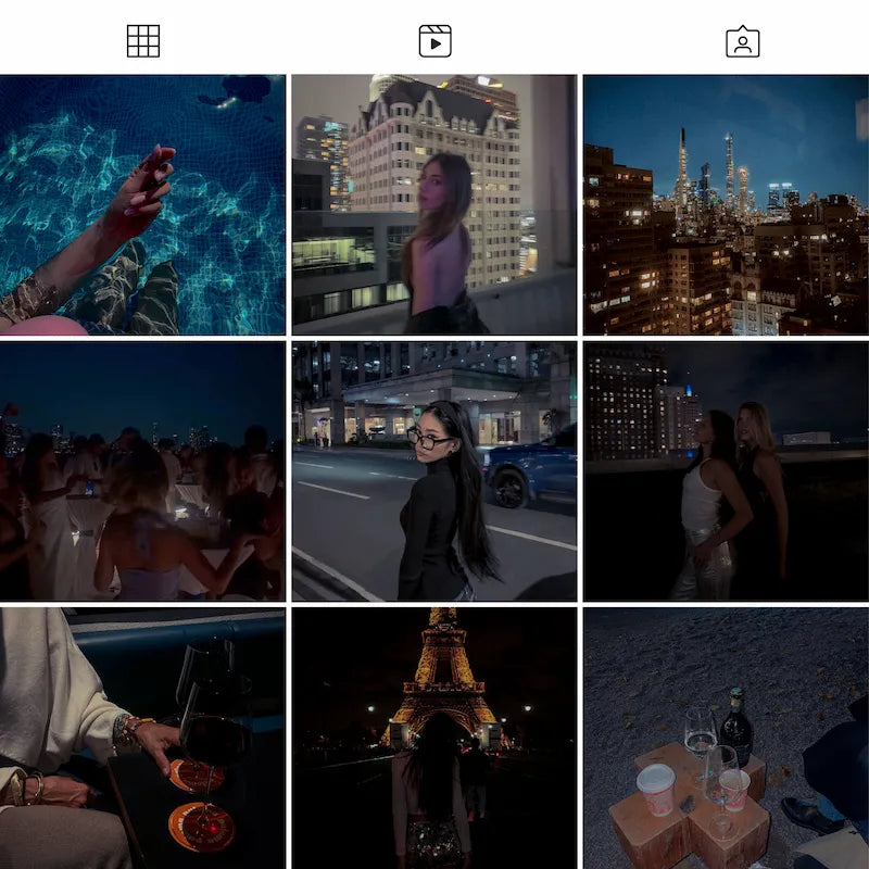 Photo grid preview edited with dark moody Lightroom presets showing atmospheric night, portrait, and low-light photography