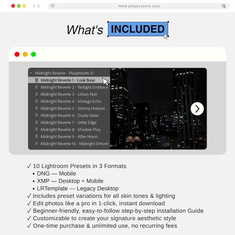 What’s included in Midnight Reverie Lightroom presets collection showing 10 presets and files for mobile and desktop