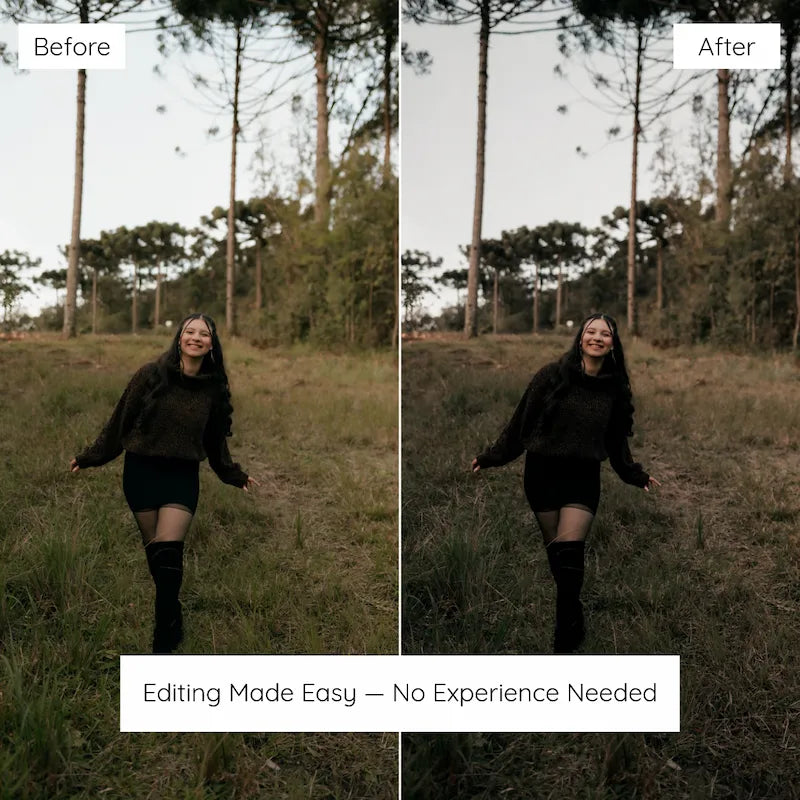 Before and after forest portrait edited with Moody Lightroom presets showing deep shadows, muted greens, and atmospheric cinematic contrast