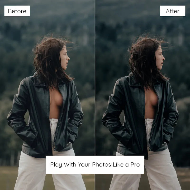 Before and after outdoor portrait edited with Moody Lightroom presets featuring deep shadows, softened highlights, and rich cinematic depth