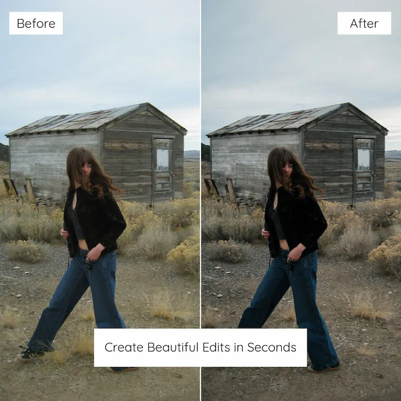 Before and after rustic outdoor portrait edited with Moody Lightroom presets showing muted natural tones, controlled contrast, and atmospheric depth