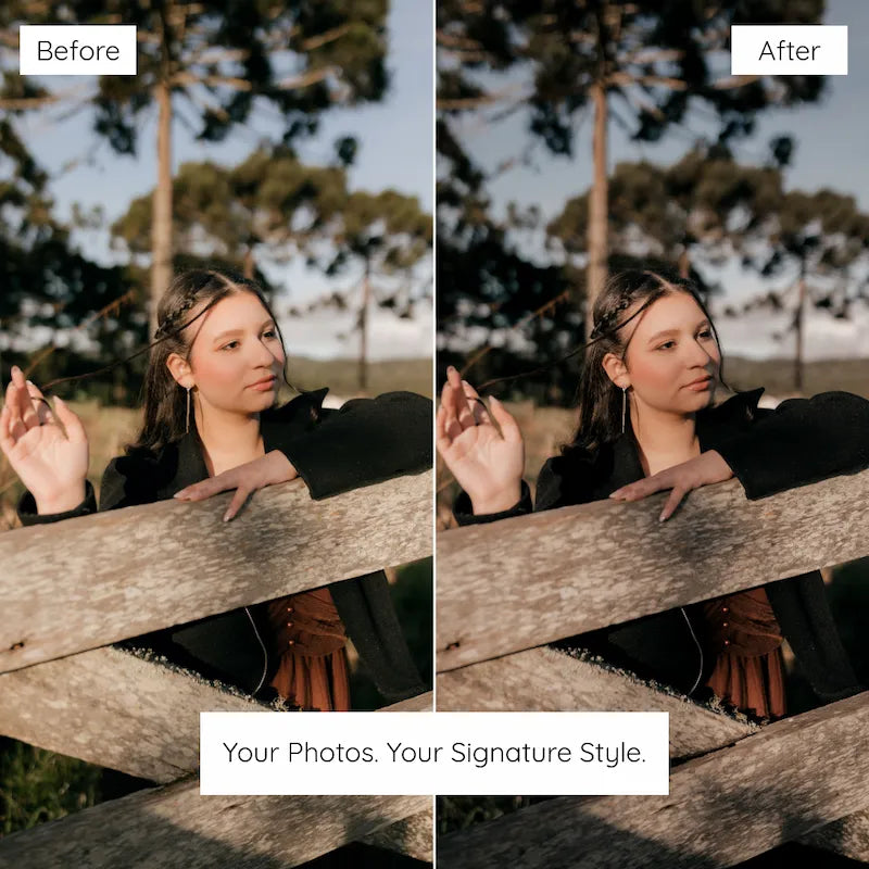 Before and after outdoor lifestyle portrait edited with Moody Lightroom presets featuring deep shadows, warm muted tones, and soft dramatic highlights