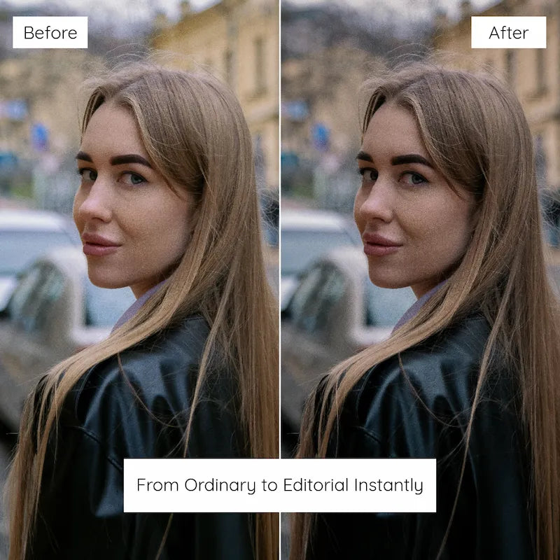 Before and after city portrait edited with Moody Lightroom presets showing rich contrast, natural skin tones, and cinematic background depth