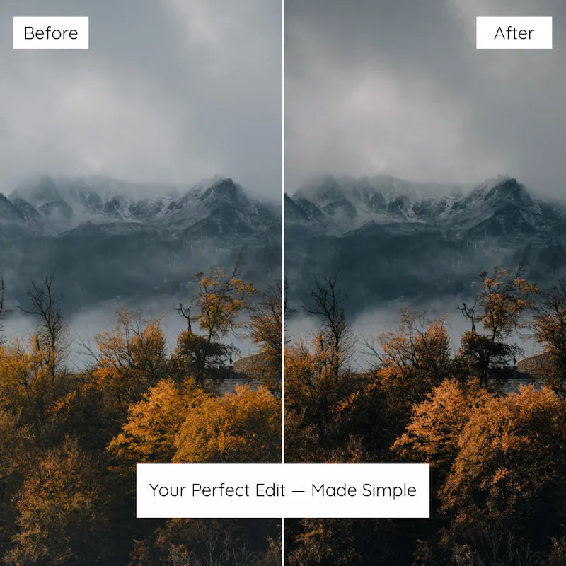 Before and after mountain landscape edited with Moody Lightroom presets featuring misty shadows, muted color, and dramatic cinematic atmosphere