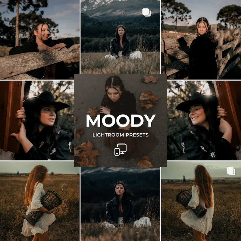 Moody Lightroom presets cover showing portraits with deep shadows, muted tones, rich contrast, and cinematic depth