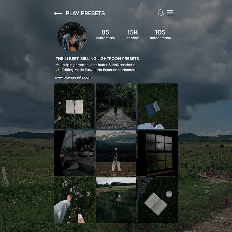 Instagram feed preview edited with Moody Lightroom presets showing atmospheric landscapes, dark natural tones, and cohesive cinematic color