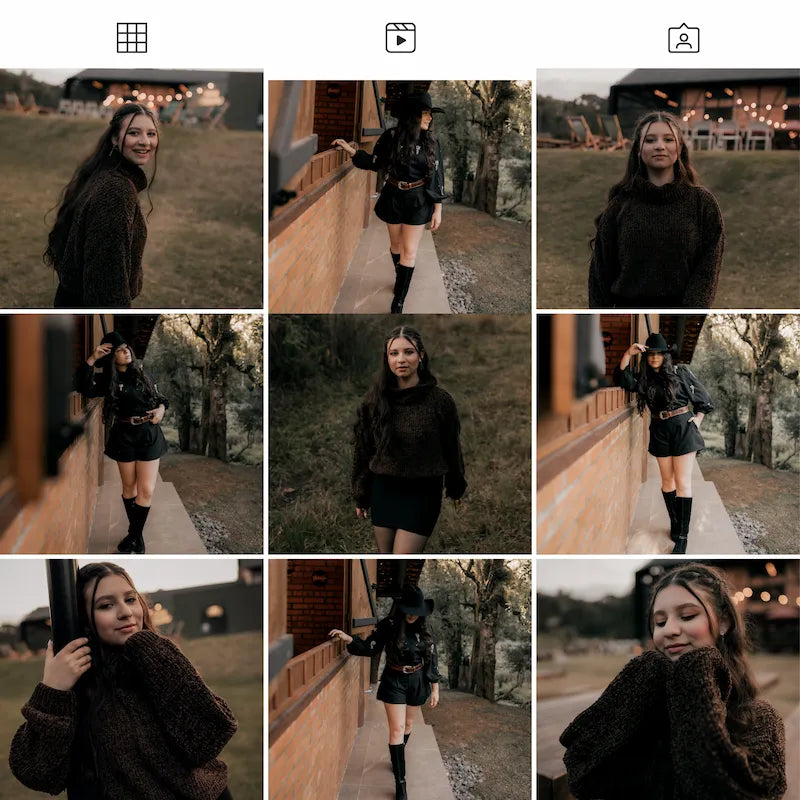 Photo grid preview edited with Moody Lightroom presets showing dark portraits, muted natural tones, and rich atmospheric contrast