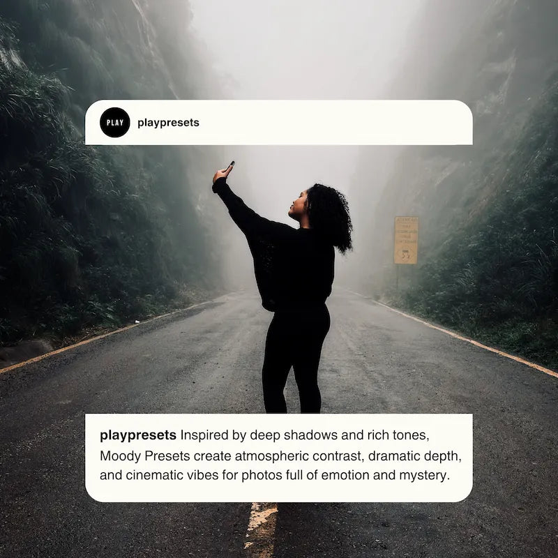 Moody Lightroom presets preview showing an atmospheric road scene with deep shadows, softened highlights, and cinematic depth