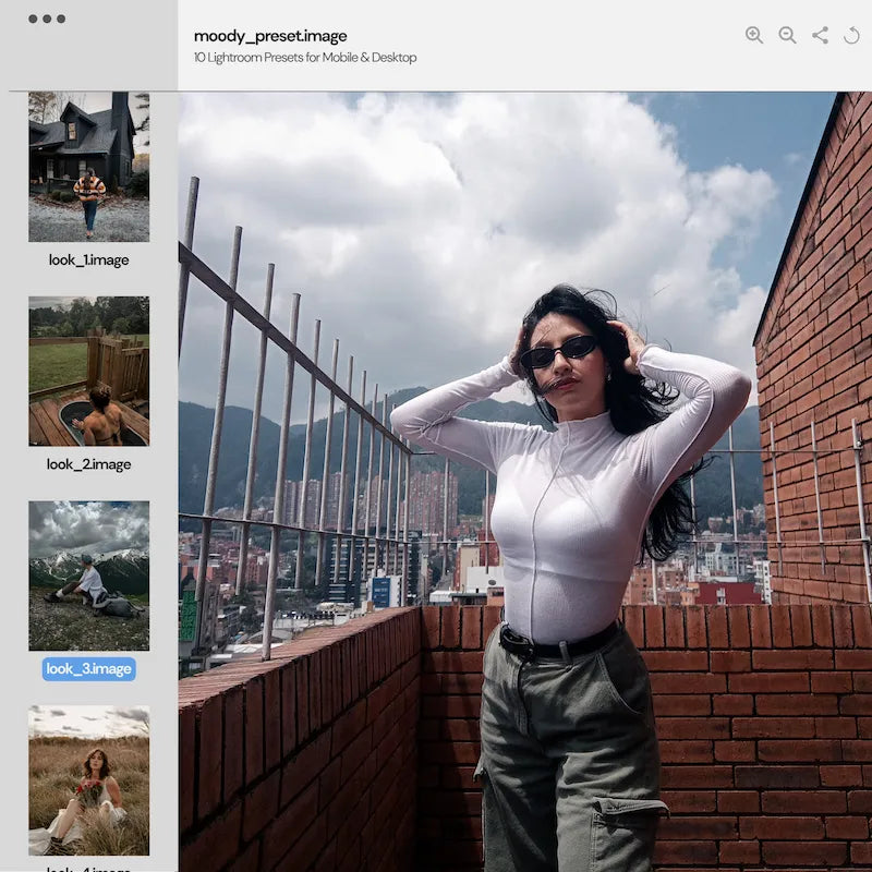 Moody Lightroom preset variations preview showing an urban portrait with deep contrast, muted tones, and dramatic cloudy skies