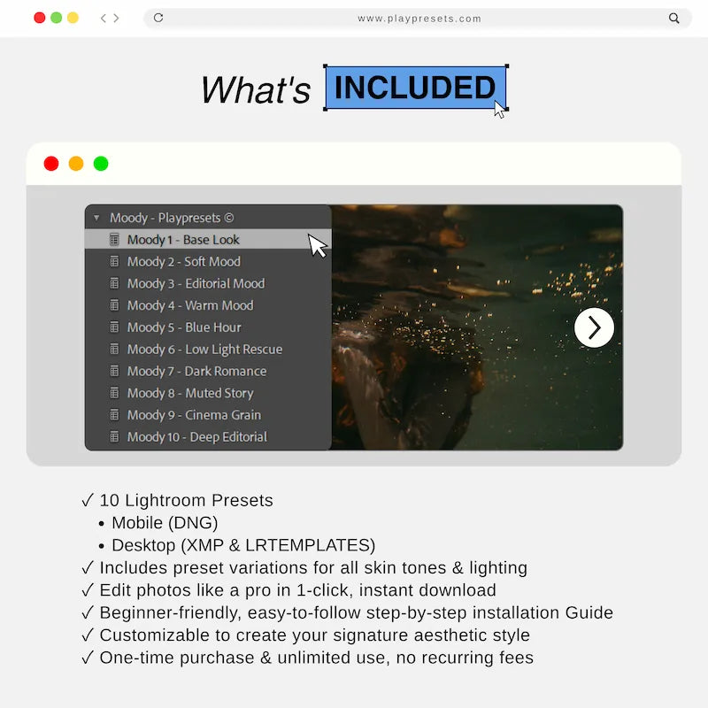 What’s included in Moody Lightroom presets collection showing 10 presets and files for mobile and desktop