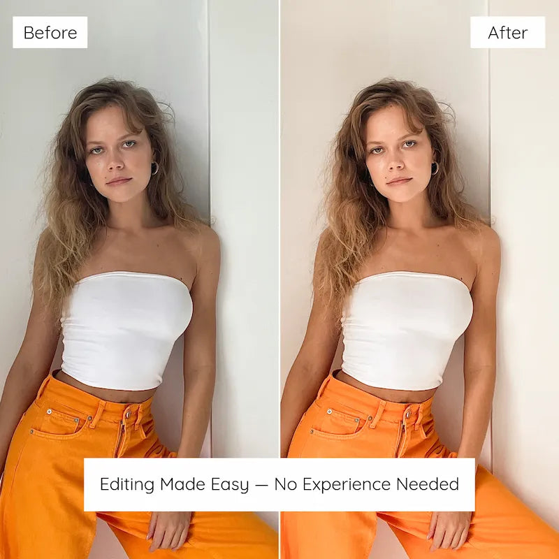 Before and after portrait edited with Orange Lightroom presets showing warm orange tones, golden highlights, and natural skin color