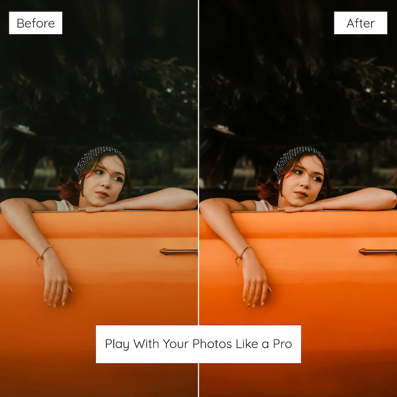 Before and after lifestyle portrait edited with Orange Lightroom presets featuring rich orange color and warm outdoor contrast