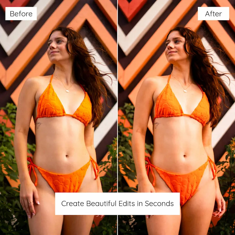 Before and after fashion photo edited with Orange Lightroom presets creating vibrant orange tones and bright sunlit warmth