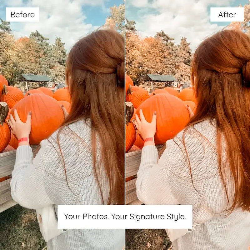 Before and after outdoor portrait edited with Orange Lightroom presets enhancing autumn orange tones and golden natural light